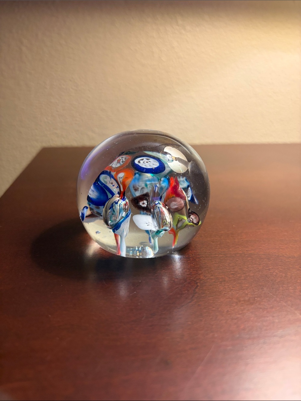 Vintage Glass Paperweight with Blue and Multicolor Floral Design